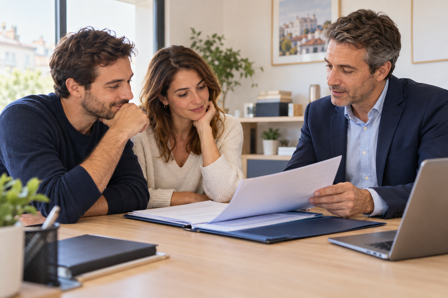 Un couple échange avec un conseiller au sujet de son dossier de prêt immobilier