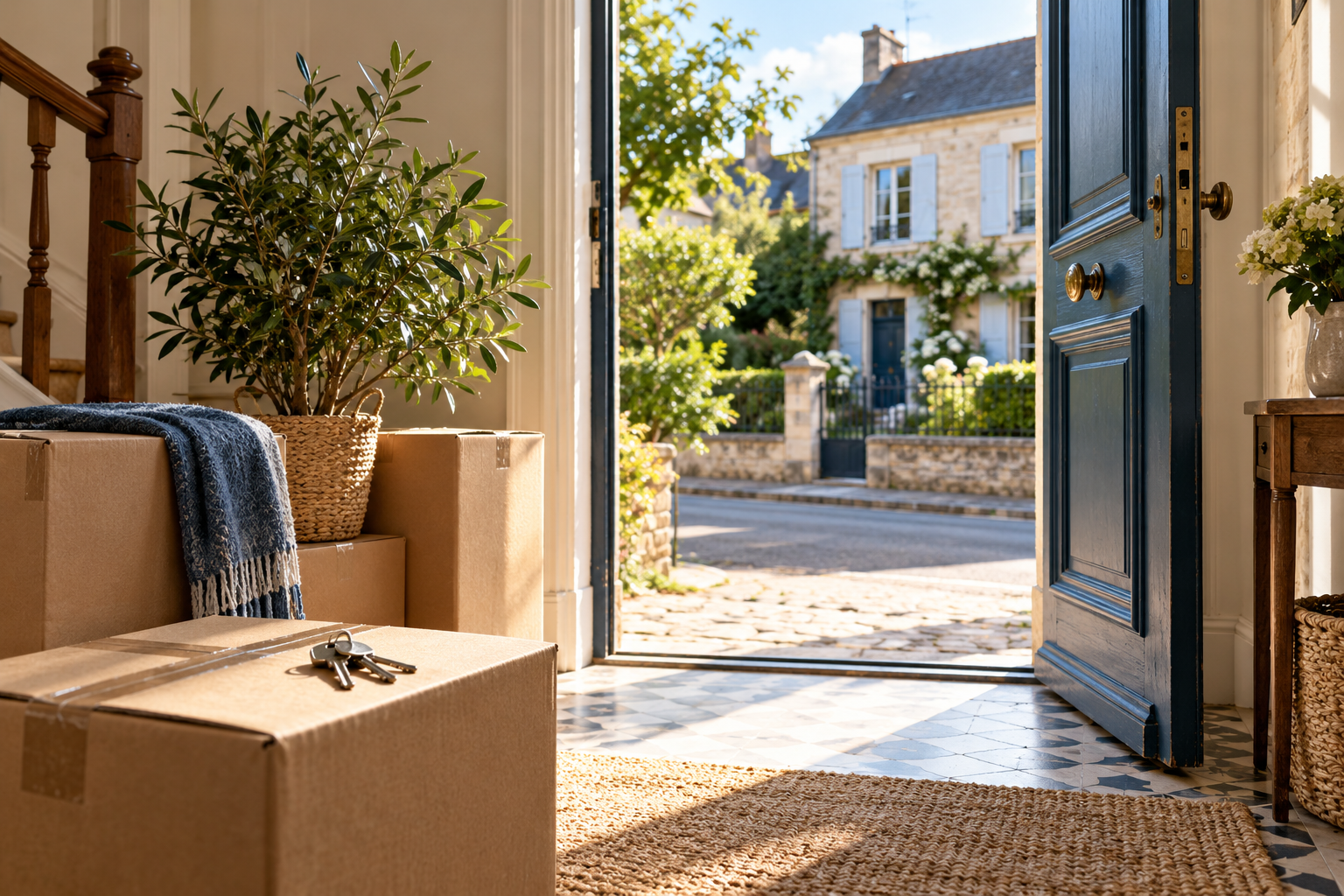 Porte ouverte sur un quartier résidentiel, avec cartons et clés pour préparer un changement de logement