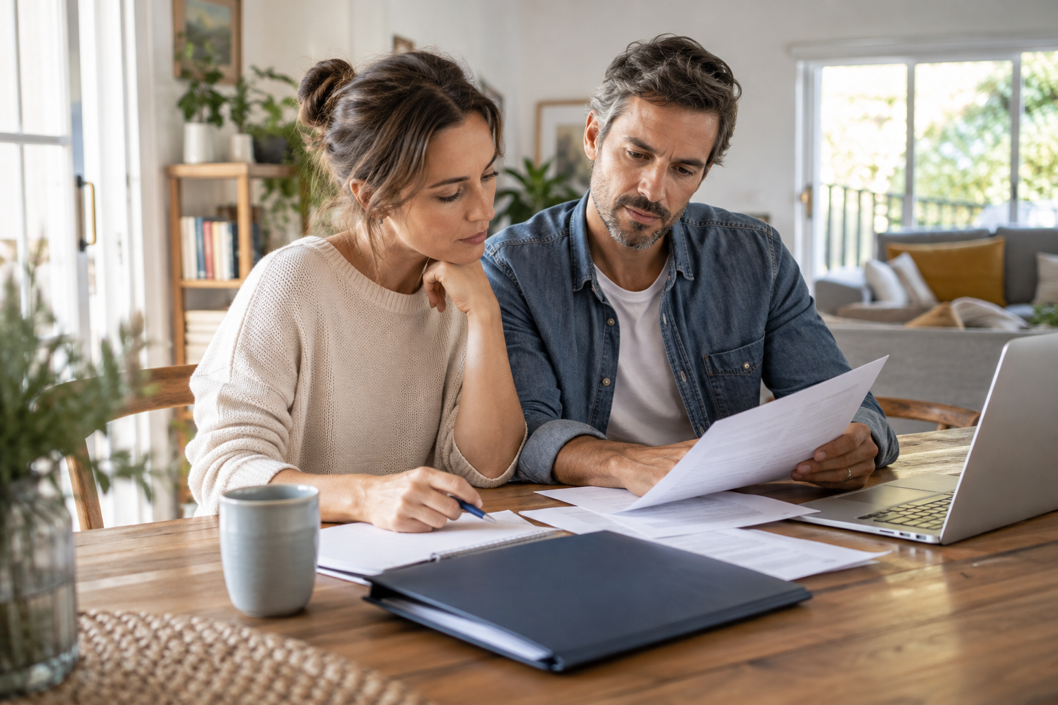 Couple pr&eacute;parant son dossier d&rsquo;assurance emprunteur