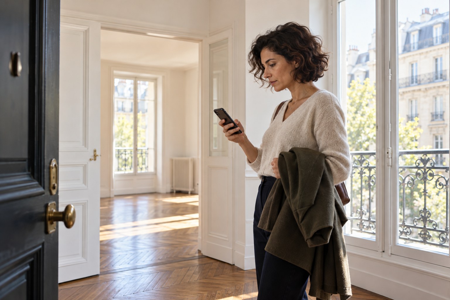 Acquéreuse consultant son téléphone lors d’une visite d’appartement