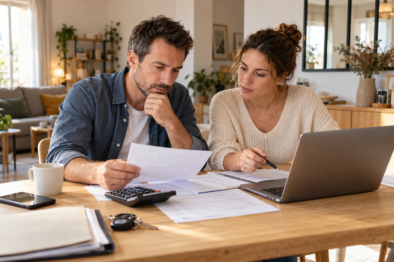 Un couple prépare son budget immobilier à la maison, avec des documents et des clés de voiture sur la table