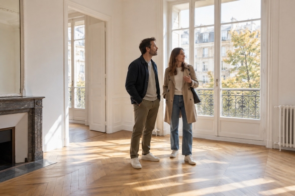 Un couple visite un appartement lumineux pour préparer son achat immobilier à la rentrée